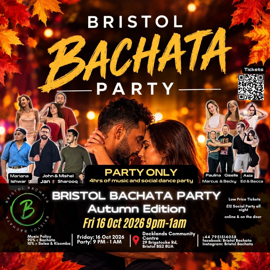 Bristol Bachata party poster: Friday 16 October 2026 at Docklands Community Centre, Bristol